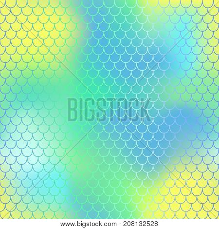 Fantastic yellow blue fish skin vector pattern. Mermaid seamless pattern. Fish scale vector pattern. Mermaid tail background. Fish skin texture in pastel colors. Mermaid skin surface. Wedding pattern