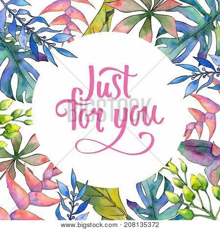 Tropical Hawaii leaves frame in a watercolor style. Aquarelle wild flower for background, texture, wrapper pattern, frame or border.