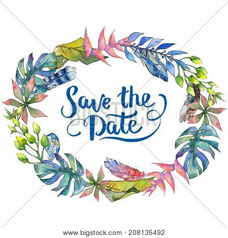 Tropical Hawaii leaves wreath in a watercolor style. Aquarelle wild flower for background, texture, wrapper pattern, frame or border.