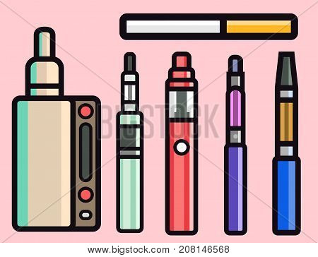 Vape device vector set cigarette vaporizer vapor juice vape bottle flavor illustration battery coil. Trend new culture electronic nicotine liquid. Smoking atomizer device e-liquid.