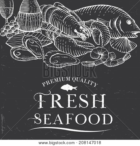 Hand Drawn Fresh Seafood on Chalkboard, Vector Illustration