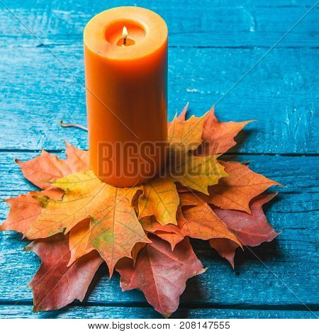 Photo of orange candle and autumn leaves on blue wooden table