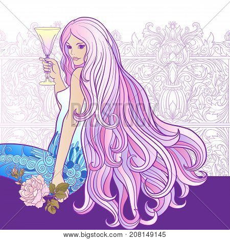 Young beautiful girl with long hair with glass of wine in rich decorated floral patterned frame. Stock line vector illustration.