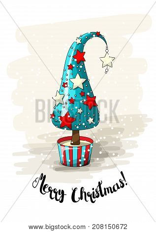 Seasonal motive, blue abstract christmas tree with red and white stars, pearls and text Merry Christmas, vector illustration, eps 10 with transparency