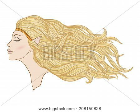 Young beautiful girl with elven ears and long hair in profile. Stock line vector illustration.
