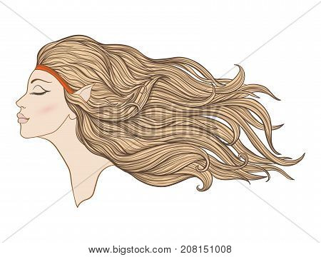Young beautiful girl with elven ears and long hair in profile. Stock line vector illustration.