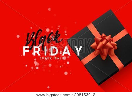 Black Friday sale, banner, poster advert. Card offert promotion design. Background lights bokeh and black gift box with red bow.