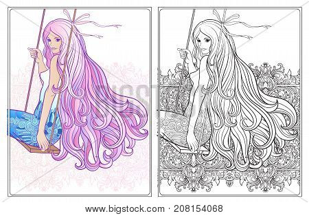 Young beautiful girl with long hair on swing. Stock line vector illustration. Colouring page for adult coloring book with sample