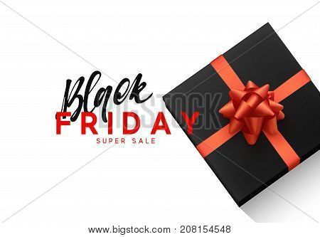 Black Friday sale, banner, poster advert. Card offert promotion design. Background black gift box with red bow.