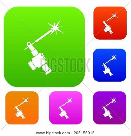 Mig welding torch in hand set icon color in flat style isolated on white. Collection sings vector illustration