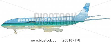 Flying to the tropics. Pictures of a turquoise and crystalline Caribbean sea on silhouette of plane. Isolated on white background with copy space. Side view. Tourism, travel and holidays concept.