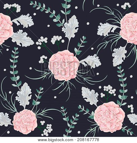 Seamless pattern with pink camellias flowers, dusty miller and eucalyptus leaf. Winter floral design for wedding invitation, card, print. Vintage hand drawn vector illustration in watercolor style