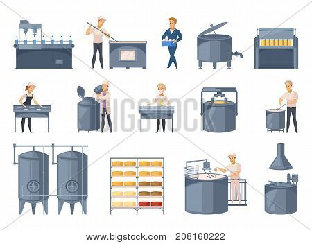 Dairy production set of cartoon icons with milk processing, cheese making, workers of factory isolated vector illustration