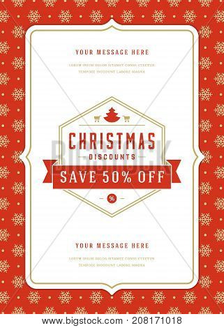 Christmas sale flyer or poster design discount offers and pattern background. Retro typography label design template. Vector illustration.