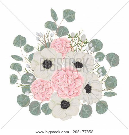 Bouquet with pink camellias, white anemone flowers and eucalyptus. Winter floral design for wedding invitation, save the date card, poster. Vintage hand drawn vector illustration in watercolor style
