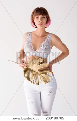 Woman Posing With Golden Palm Leaf