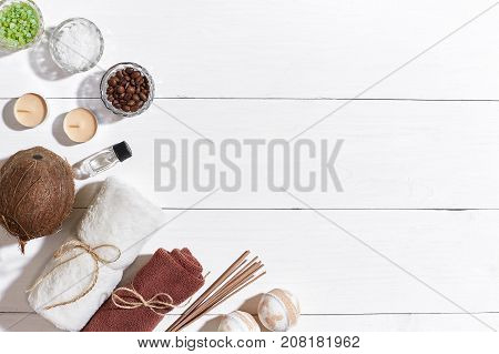 Bathroom or spa set on white background top view mock-up. Copy space. Still life. Flat lay