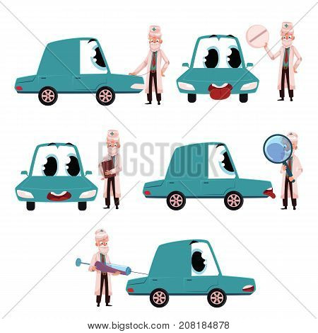 Old male doctor helping, curing funny car character, set of cartoon vector illustrations isolated on white background. Cartoon doctor curing car chatacter, auto service concept