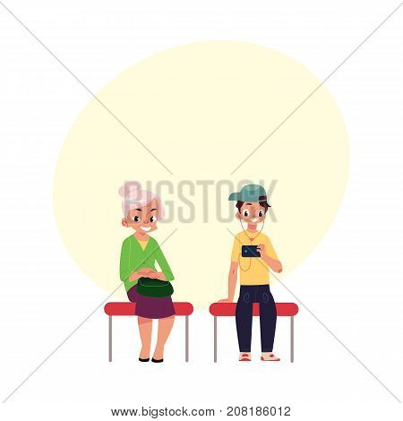Two antipode subway passengers - plump woman, housewife and young man, student, cartoon vector illustration with space for text. Diverse passengers standing in subway, fat woman and young man