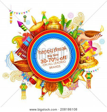 illustration of burning diya on Happy Diwali Holiday Sale promotion advertisement background for light festival of India