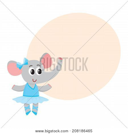 Cute little elephant character, ballet dancer in pointed shoes and tutu skirt, cartoon vector illustration with space for text. Little elephant baby animal, ballet dancer, ballerina in tutu