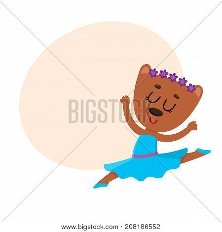 Happy cute little bear character, ballet dancer in pointed shoes and tutu skirt, cartoon vector illustration with space for text. Little bear baby animal, ballet dancer, ballerina in tutu