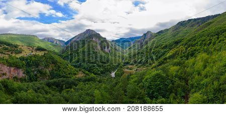 Beautiful panoramic view from Djurdjevic Bridge of canyon of river Tara in mountainous area Montenegro