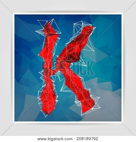 abstract red modern triangular emblem of K on a blue geometric background