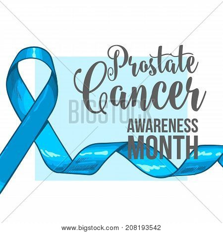 Prostate cancer awareness month banner, poster, template with hand drawn blue ribbon, sketch vector illustration. Hand drawn blue ribbon, prostate cancer awareness month campaign banner, poster, card