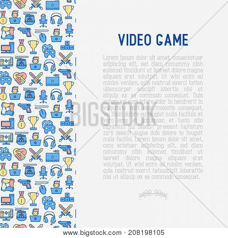 Video game concept with thin line icons: gamer, computer games, pc, headset, mouse, game controller. Modern vector illustration for banner, web page, print media.