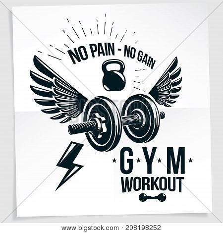 Fitness club vector advertising poster composed using disc weight dumb-bell and kettle bell sport equipment. No pain no gain writing.