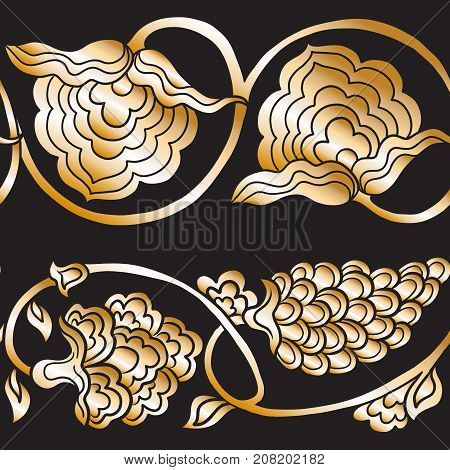 Seamless traditional chinese pattern with floral ornament in gold. Stock vector illustration.