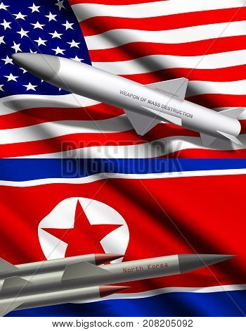 Missile with nuclear weapon or mass destruction on background of United States of America and North Korea flags realistic vector illustration. International political conflict, threat of war concept