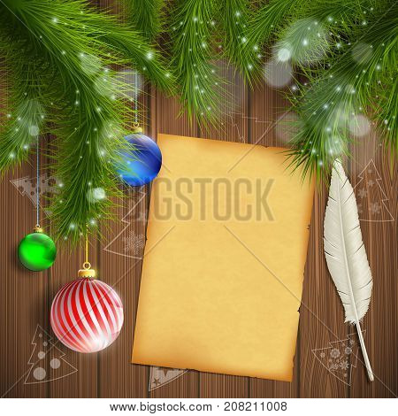 Christmas tree with balls. Vintage sheet with a pen to write messages and wishes. New Year background. Stock vector illustration.