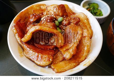 Close up Butadon bowl of rice topped with sliced pork and sweet sauce. Popular japanese menu in 24 hours restaurant in Japan.