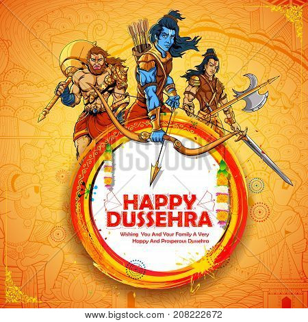 illustration of Lord Rama with Laxmana and Hanuman in Dussehra Navratri festival of India poster