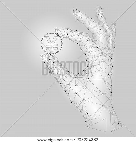 Low poly hand hold yen coin symbol carefully. Polygonal triangle connected dot point white gray currency value finance business offer gain profit concept vector illustration art