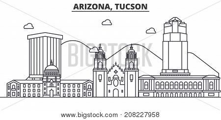 Arizona Tucson architecture line skyline illustration. Linear vector cityscape with famous landmarks, city sights, design icons. Editable strokes