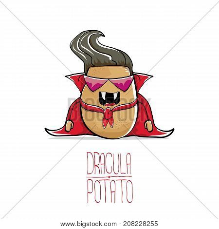 vector funny cartoon cute dracula potato with fangs and red cape isolated on white background. My name is dracula potato vector concept halloween background. vampire monster vegetable funky character