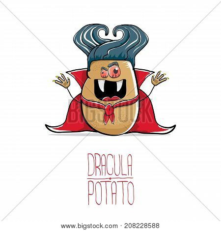 vector funny cartoon cute dracula potato with fangs and red cape isolated on white background. My name is dracula potato vector concept halloween background. vampire monster vegetable funky character