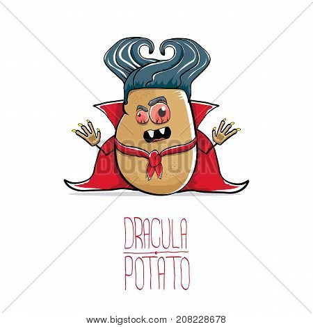 vector funny cartoon cute dracula potato with fangs and red cape isolated on white background. My name is dracula potato vector concept halloween background. vampire monster vegetable funky character