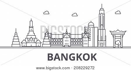 Bangkok architecture line skyline illustration. Linear vector cityscape with famous landmarks, city sights, design icons. Editable strokes