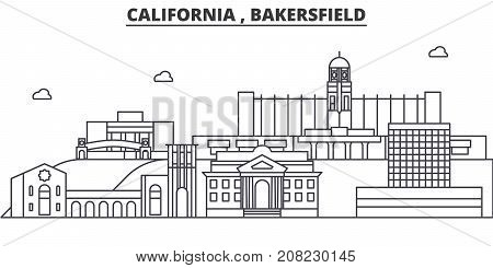 California , Bakersfield architecture line skyline illustration. Linear vector cityscape with famous landmarks, city sights, design icons. Editable strokes