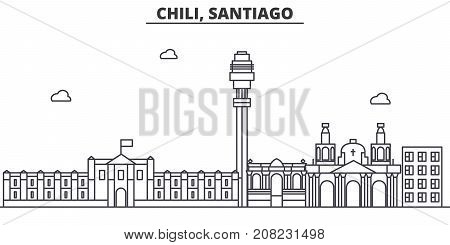 Chile, Santiago architecture line skyline illustration. Linear vector cityscape with famous landmarks, city sights, design icons. Editable strokes