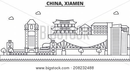 China, Xiamen architecture line skyline illustration. Linear vector cityscape with famous landmarks, city sights, design icons. Editable strokes