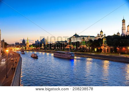 Moscow Kremlin Kremlin Embankment and Moscow River at night in Moscow Russia. Architecture and landmark of Moscow