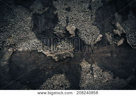 Black Wall Background. Grunge Texture With Stone And Old Iron Parts