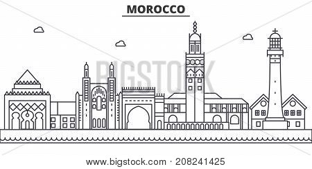 Morocco architecture line skyline illustration. Linear vector cityscape with famous landmarks, city sights, design icons. Editable strokes