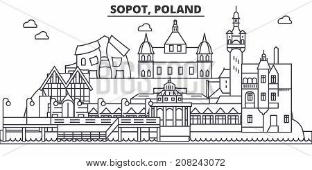 Poland, Sopot architecture line skyline illustration. Linear vector cityscape with famous landmarks, city sights, design icons. Editable strokes