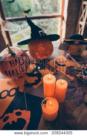 High Angle Shot Of Mystery Horror Indoors Interior, Feast Of Death And Nightmare, Frightening Gourd